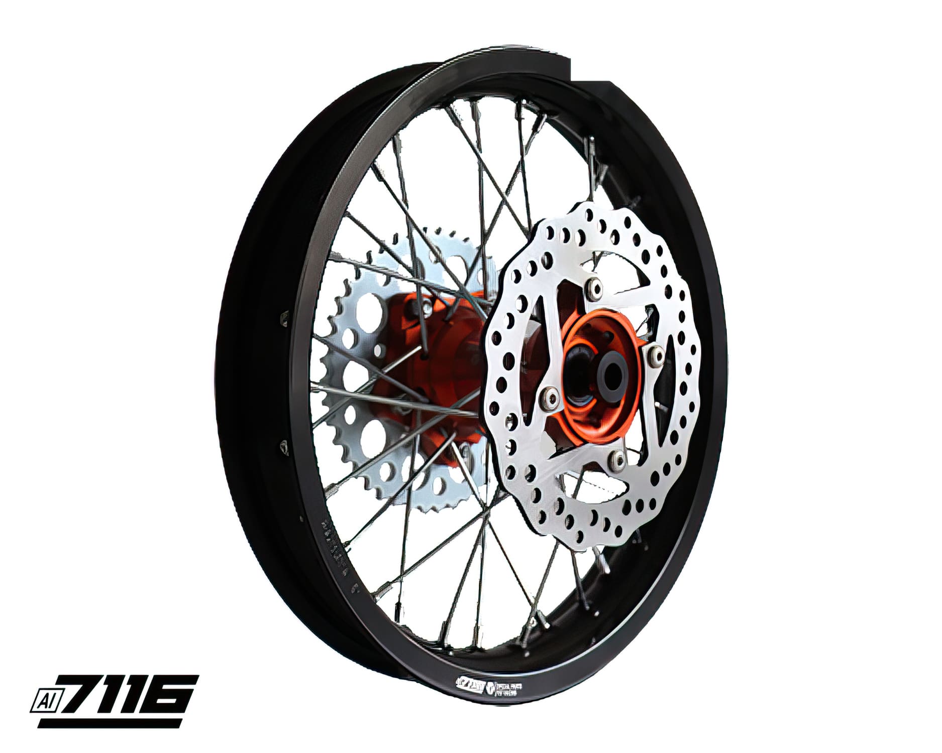 YCF-110-1101-69/OR Ruota post. alluminio 1.85x14" - mozzo CNC arancione con disco + corona YCF Factory Pit Bike