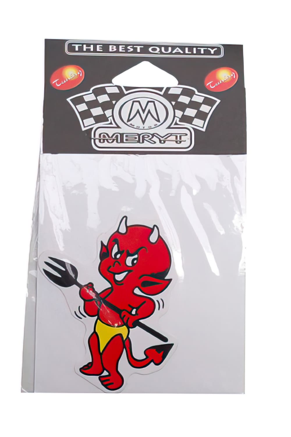 STICK-1337 Meryt devil small red with trident sticker (8x8.5cm)