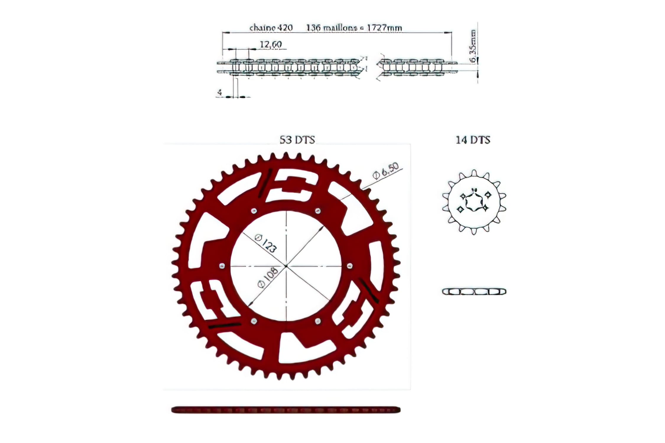 CGN492591 Chain Transmission Kit Red Aluminum 14x53 - 420 Doppler Derbi GPR / Aprilia RS4