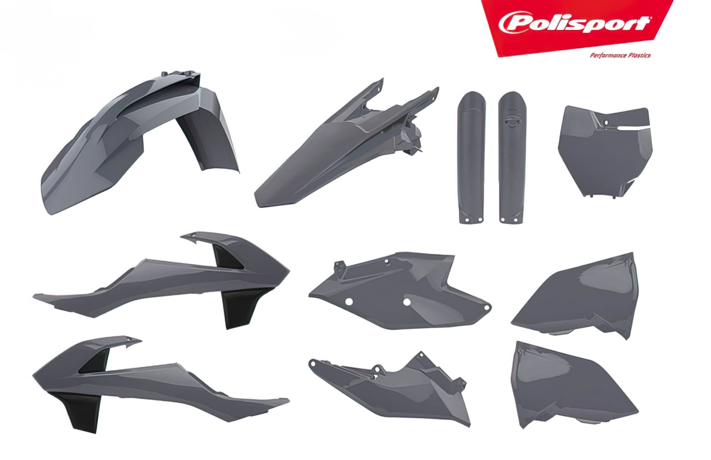 POL-COMP-KIT-410 Polisport Fairing Kit with deco kit Blackbird Stealth gray Nardo KTM