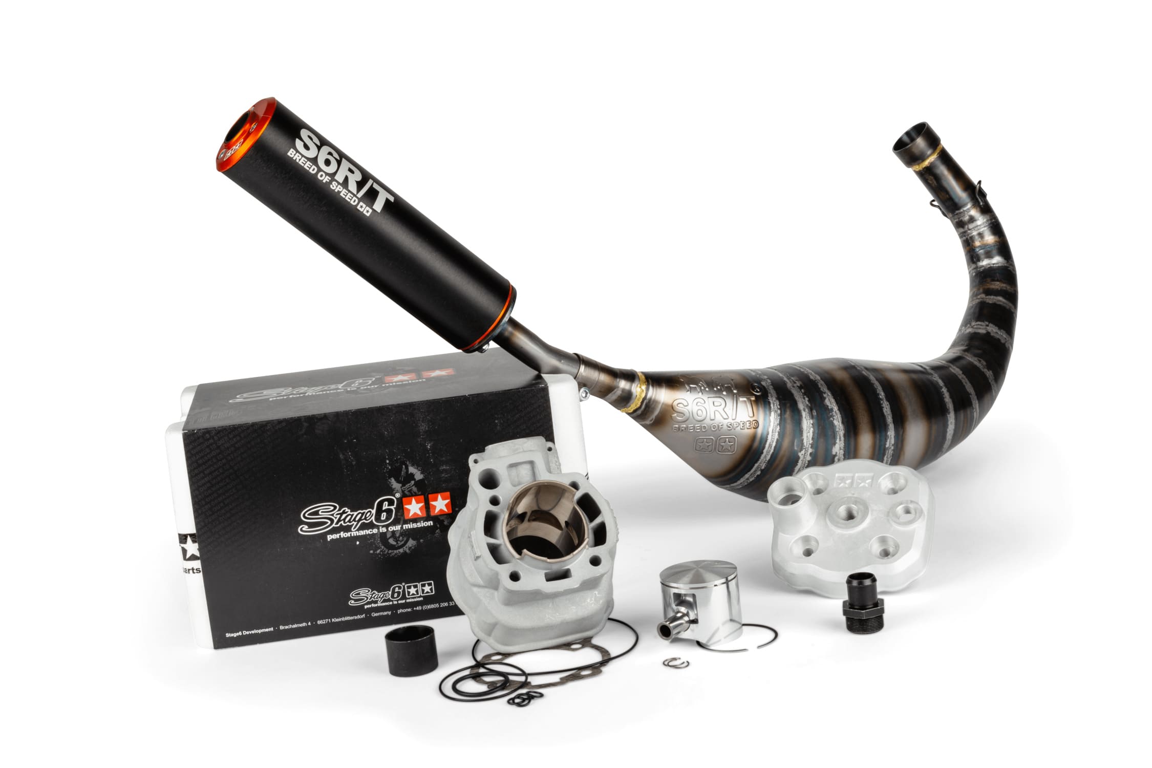 S6-7018810/PACK10-BO Cylinder kit + exhaust 77cc Stage6 BigRacing Minarelli AM6 orange / black