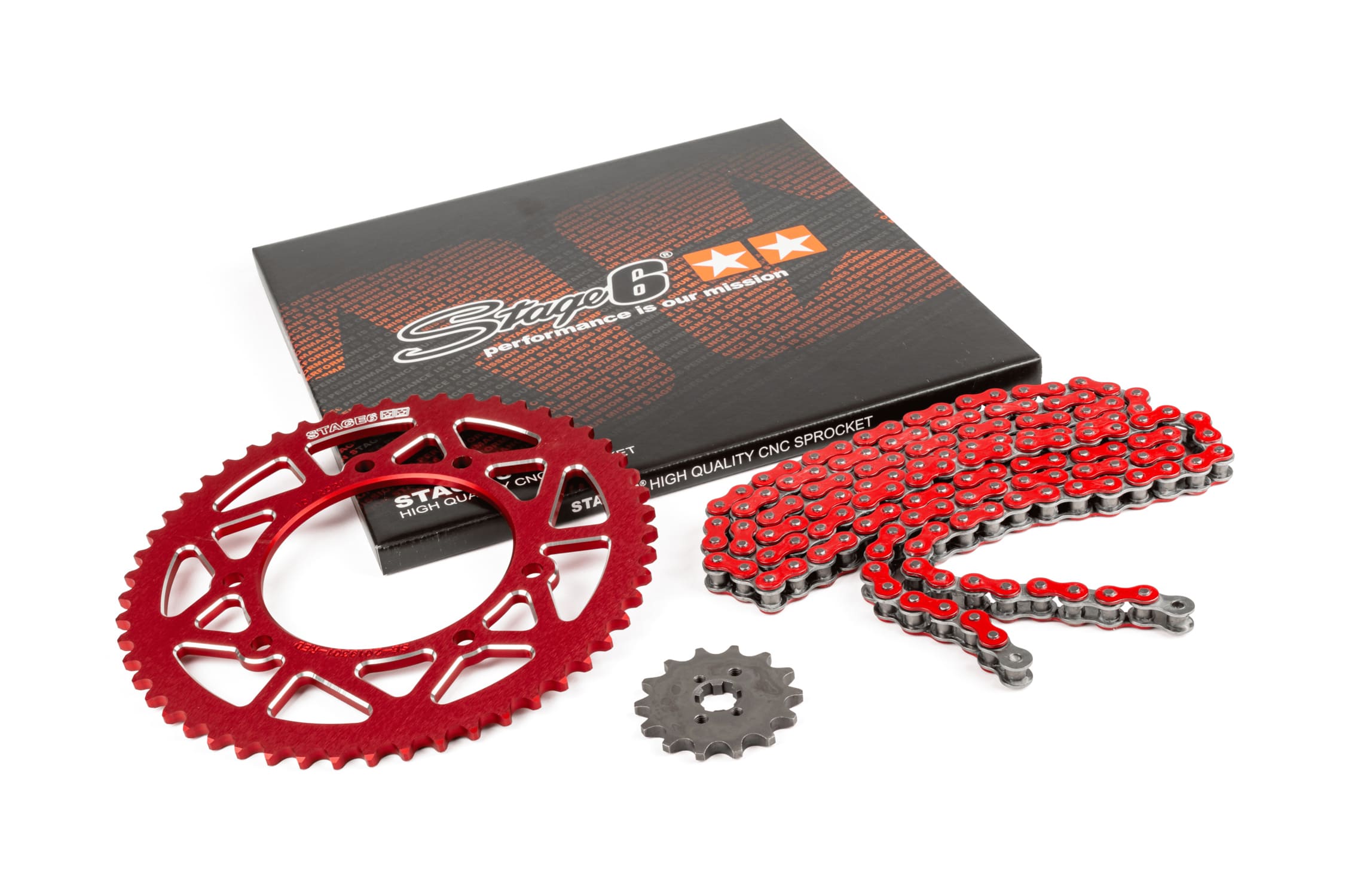 S6-2119313/RE Kit catena 13x53 - 420 Stage6 alu CNC Rosso Derbi DRD Pro